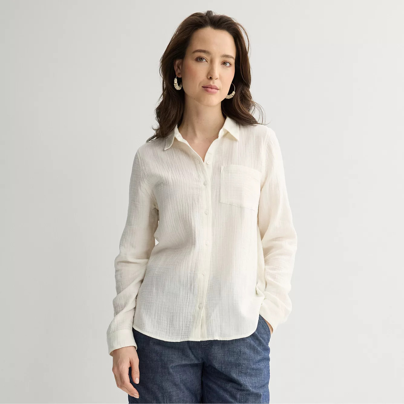 Petite Croft & Barrow® Long Sleeve Collared Blouse | Kohl's