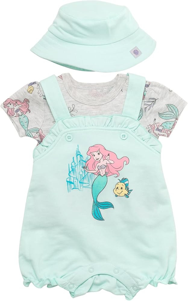 Disney Minnie Mouse Ariel Baby Girls French Terry Short Overalls T-Shirt and Hat 3 Piece Outfit S... | Amazon (US)