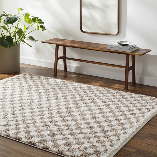 Cabble Checkered Machine Woven Polyester Area Rug in Tan/White | Wayfair North America