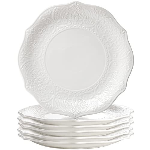 SOUJOY Set of 6 Porcelain Dinner Plate, 10.5'' White Dinner Dish, Embossed Printing Dinnerware Plate for Dinner, Restaurant, Family Party and Kitchen, Microwave, Dishwasher Safe | Amazon (US)