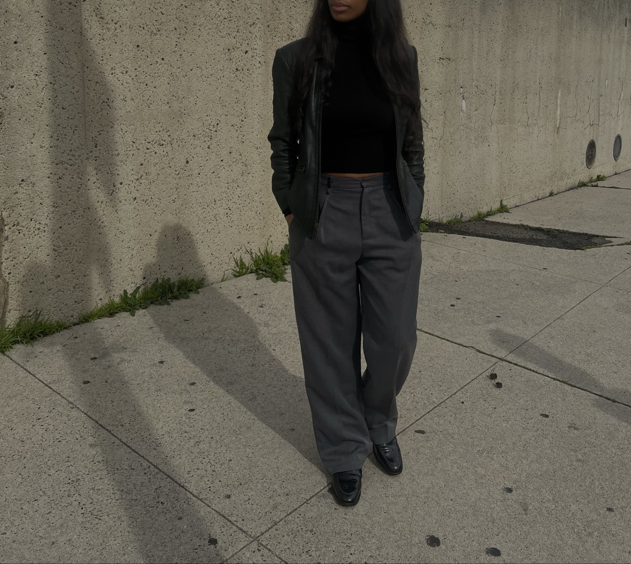 thrifted leather jacket, black turtleneck, grey trousers, black loafers.

#LTKshoecrush #LTKstyletip