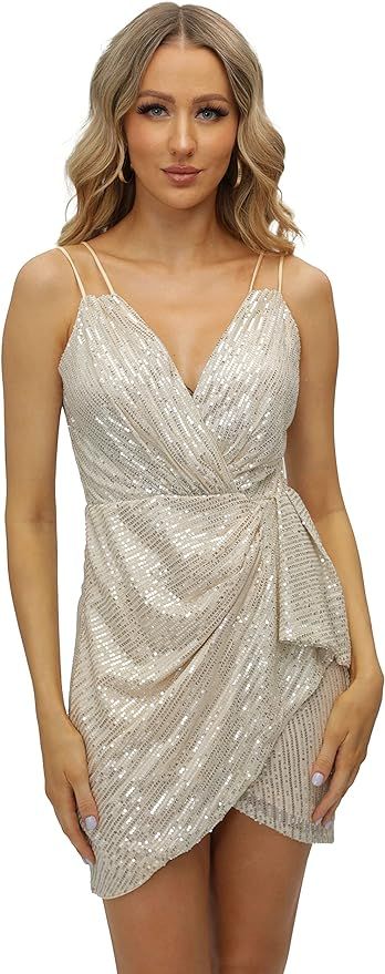 SHINEVAN Sexy Party Club Sparkling Mini Dress Women's Sequin V-Neck Panel Drape Spaghetti Straps ... | Amazon (US)