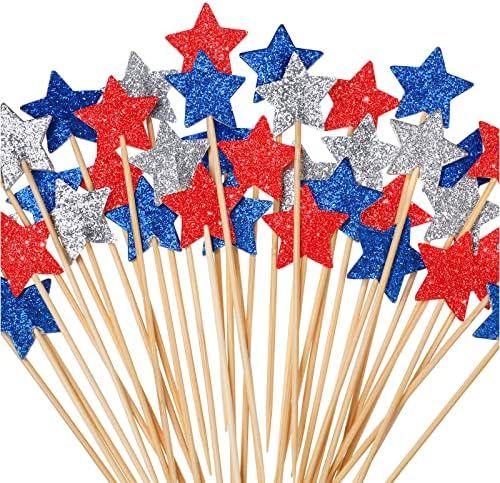 120 Pcs Star 4th of July Cupcake Toppers Double Sided Glitter Independence Day Cupcake Picks Blue... | Amazon (US)