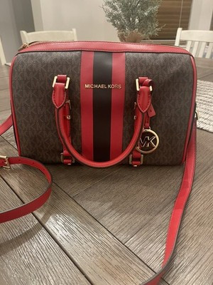 Michael Kors Bedford Travel Leather Duffle Brown/Red/Black Satchel. Hard to find | eBay US