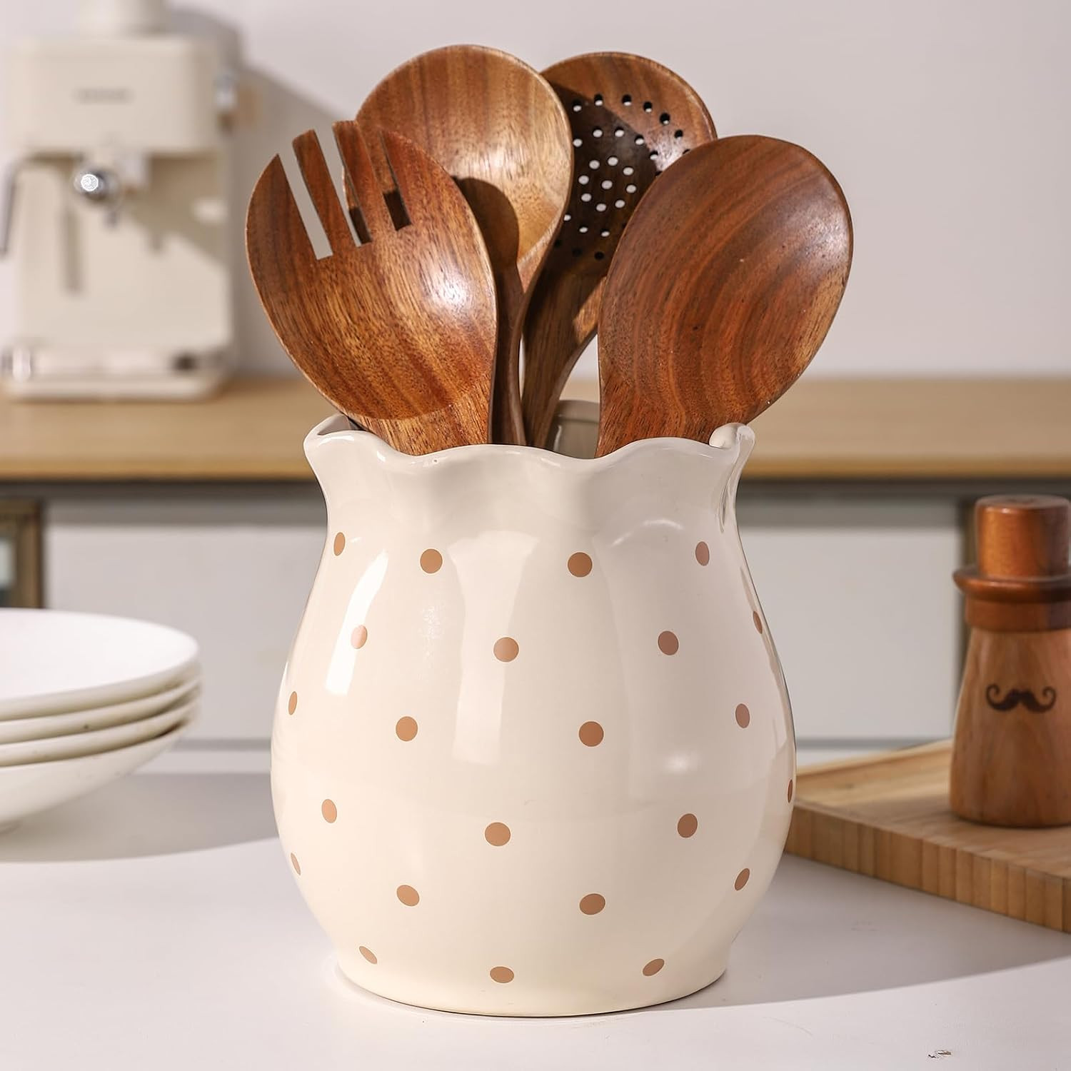 Ceramic Farmhouse Kitchen Utensil Holder for Countertop, Rustic Cooking Utensil Holder Crock Fit for Kitchen Counter. Retro Polka Dot | Amazon (US)