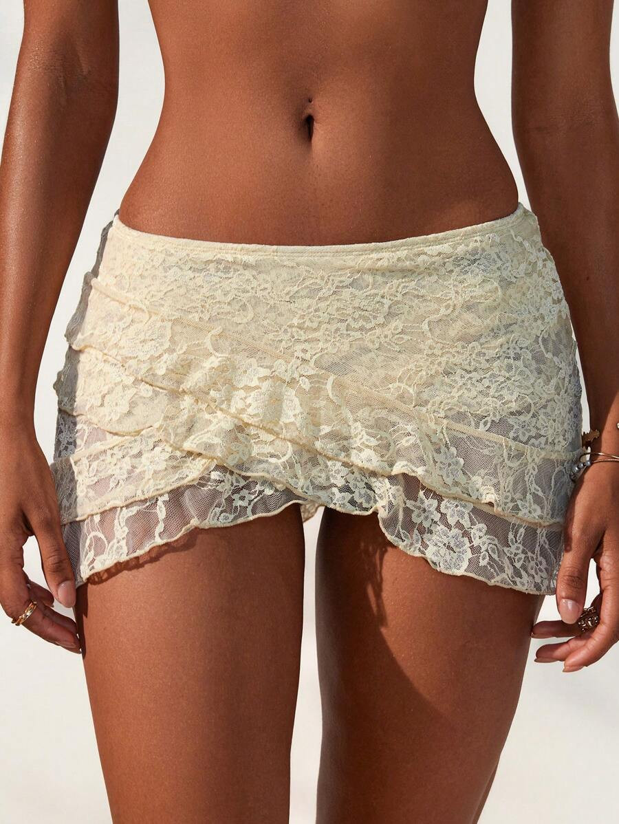 Swim Mod Women's Elegant Floral Lace Trim Double-Layer Flounce Skirt Cover Up Skirt, For Summer B... | SHEIN