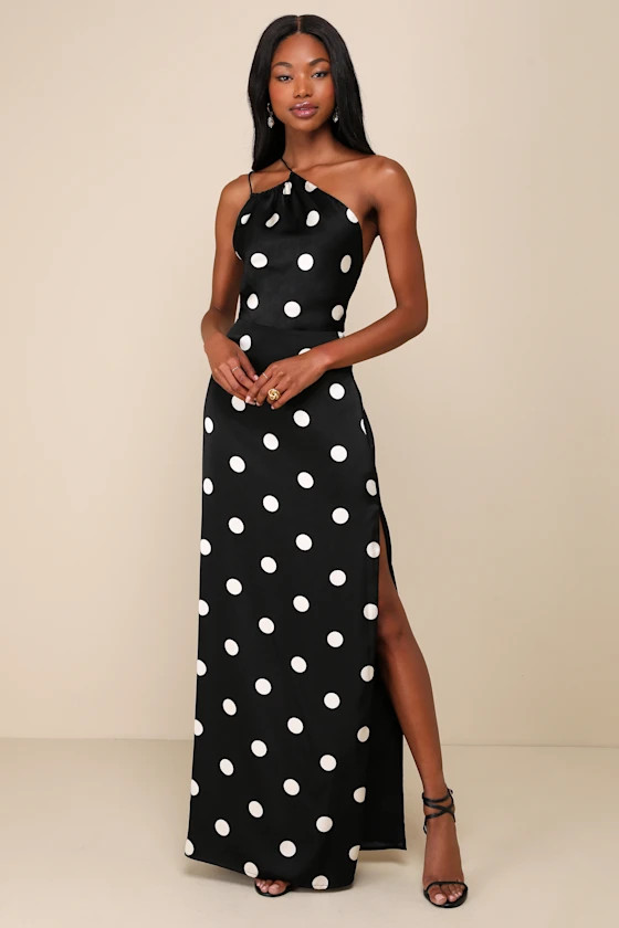 Chic Affection Black Polka Dot Satin Asymmetrical Maxi Dress | Lulus