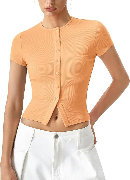 QINSEN Women's Crewneck Short Sleeve T Shirts Ribbed Button Going Out Trendy Tops | Amazon (US)
