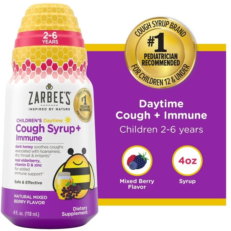 Zarbee’s Kids Cough + Immune Daytime for Ages 2-6 with Honey, Vitamin D & Zinc, Mixed Berry, 4F... | Walmart (US)