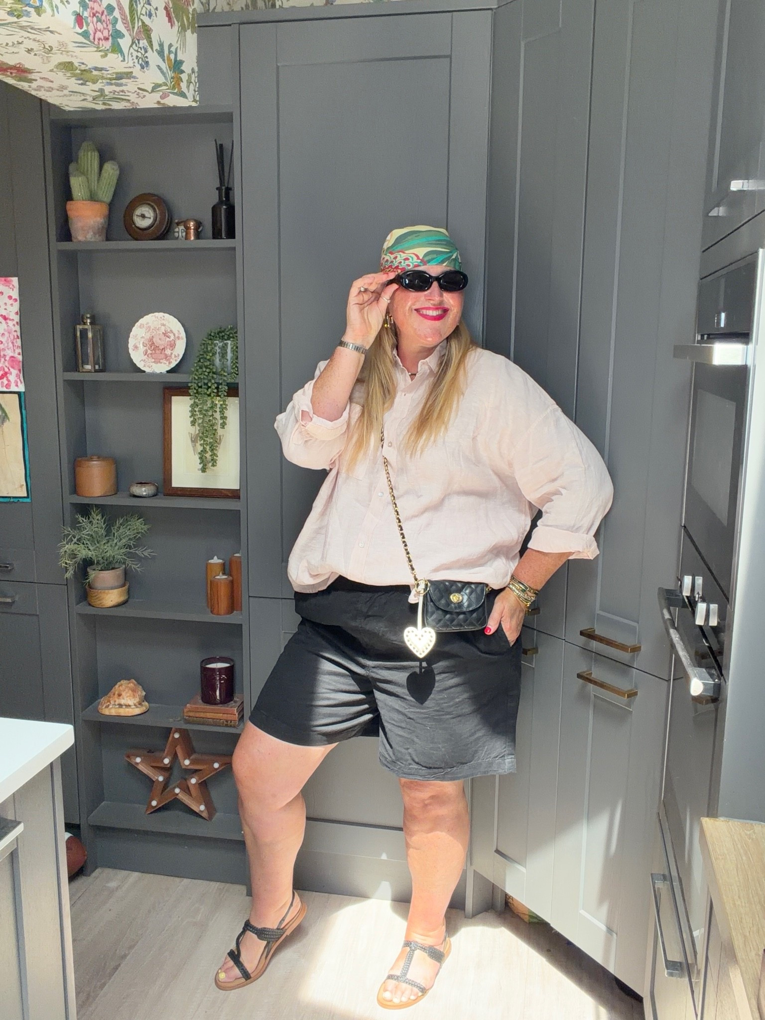 Headscarf, linen shirt, cotton shorts, black sandals, black bag, black sunglasses

#LTKsummer #LTKplussize #LTKstyletip