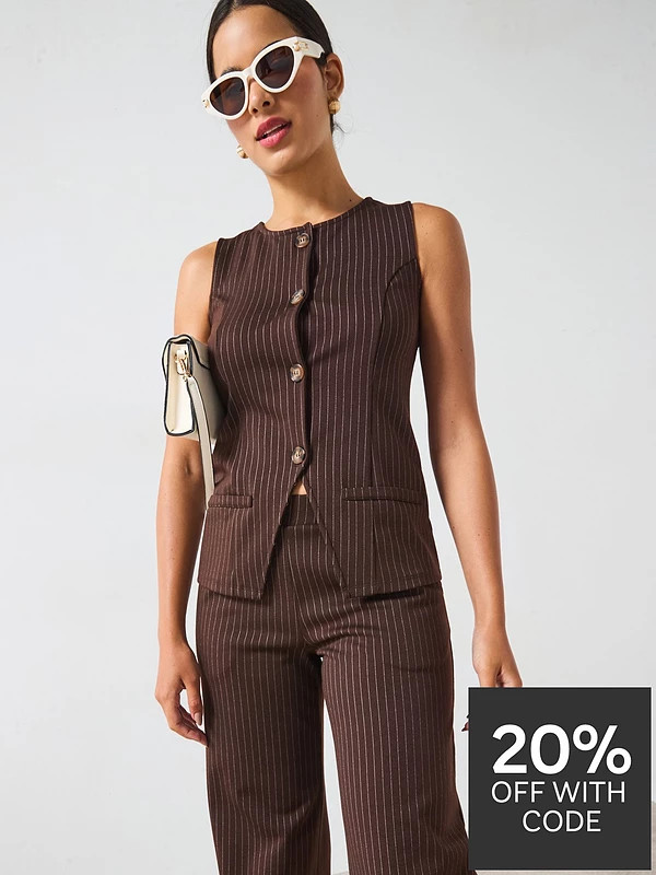 V by Very Longline Pinstripe Waistcoat Top Co-ord - Brown Stripe | Very (UK)