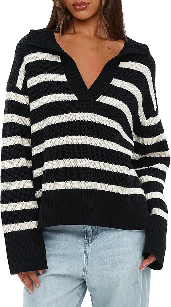 Darong Womens Oversized Sweaters Fall 2024 Fashion Clothes Polo V Neck Striped Knitted Pullover T... | Amazon (US)