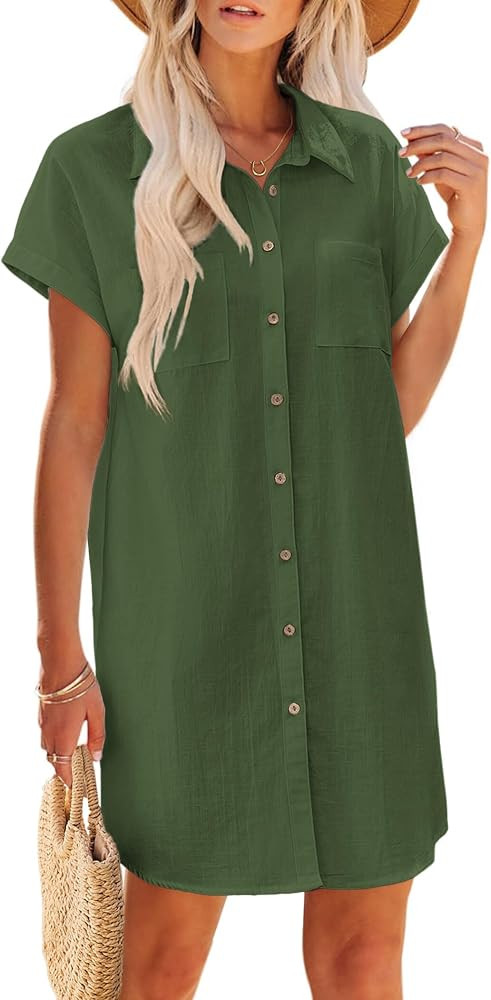 Zeagoo Women's Summer Dress 2025 Cotton Button Down Short Sleeve Tshirt Dresses Casual Flowy V Ne... | Amazon (US)