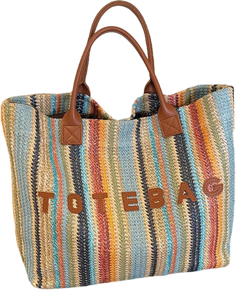 Faux Straw Beach Tote Bag for Women Large Capacity Rainbow Striped Shoulder Bag Letter Print Wove... | Amazon (US)