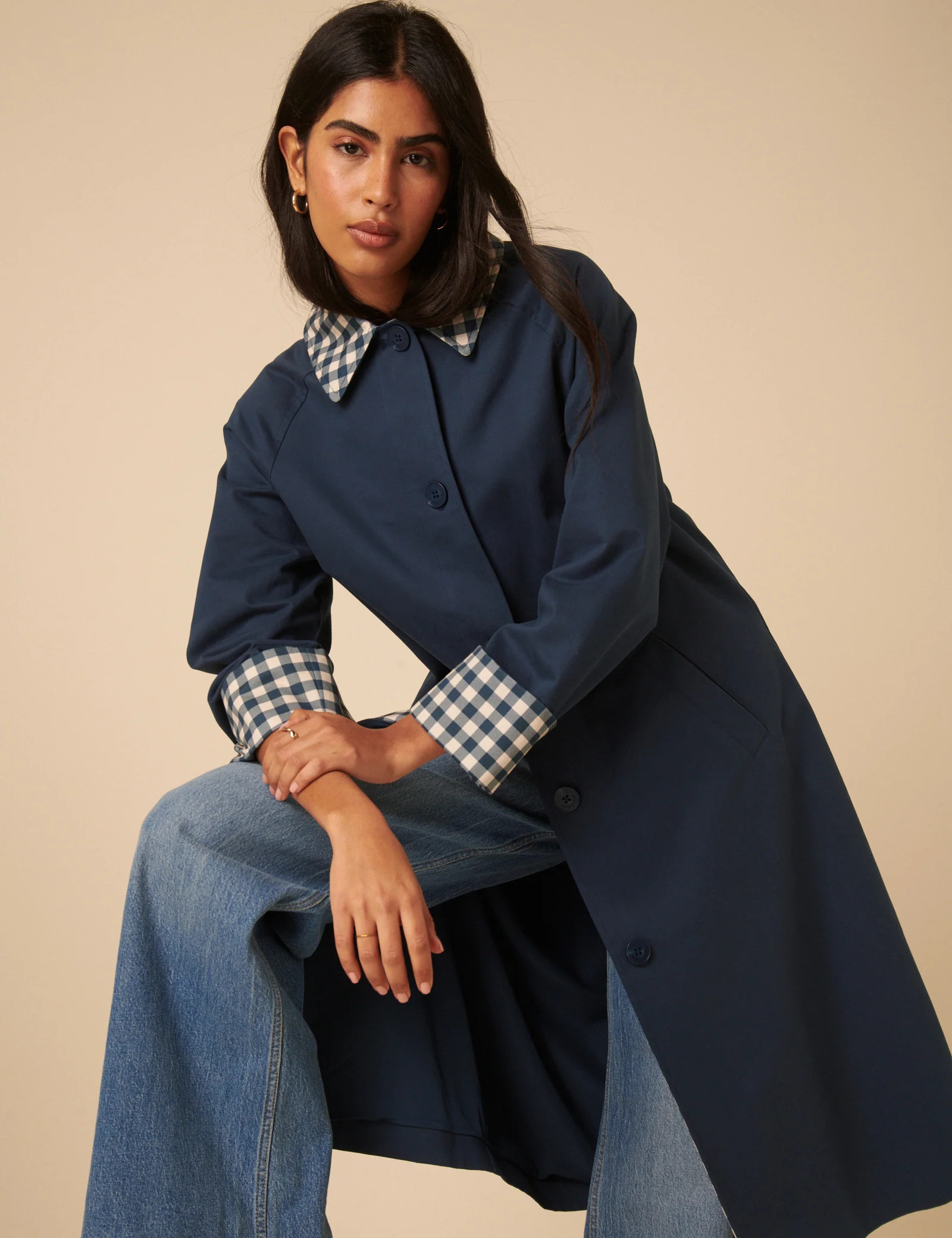 Navy Gingham Trim Trench Coat | Nobody's Child