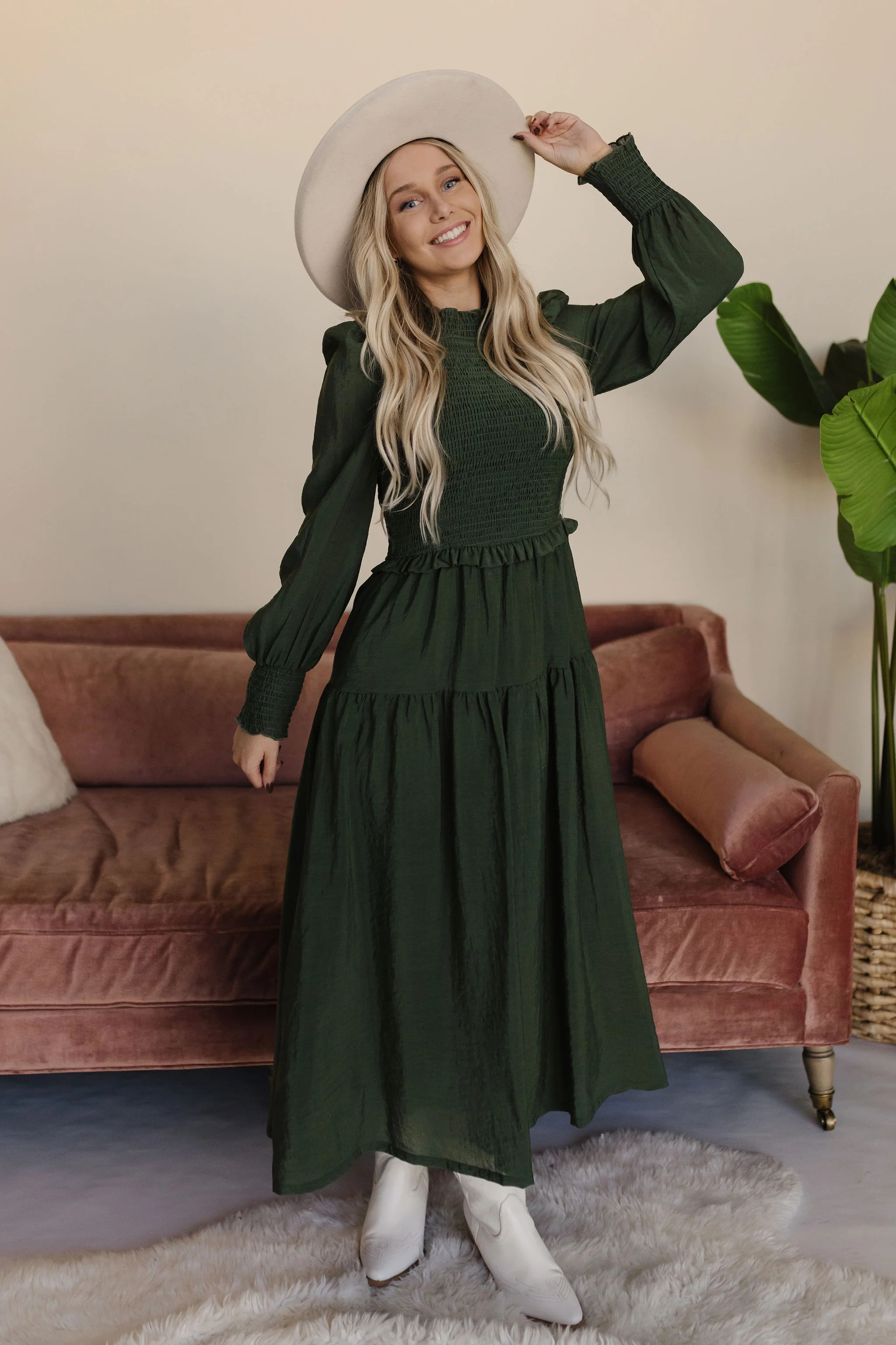 THE BECK RUFFLE MAXI DRESS IN DEEP GREEN | Pink Desert