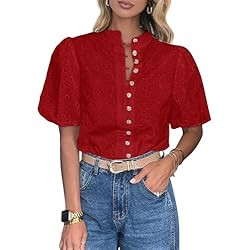 Lazysmile Summer Boho Tops for Women Short Sleeve V Neck Button Down Hollow Out Lace… | Amazon (US)