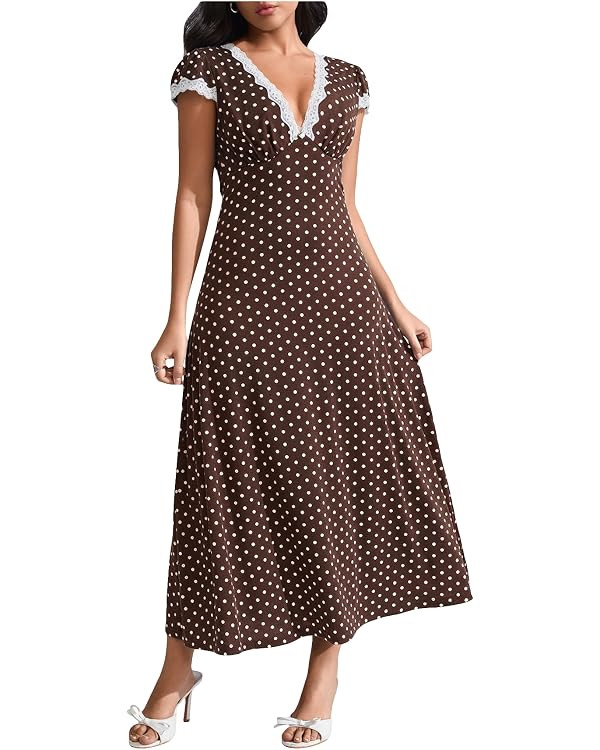Milumia Women's Polka Dots Lace Trim V Neck Dress Short Sleeve Long Dresses | Amazon (US)