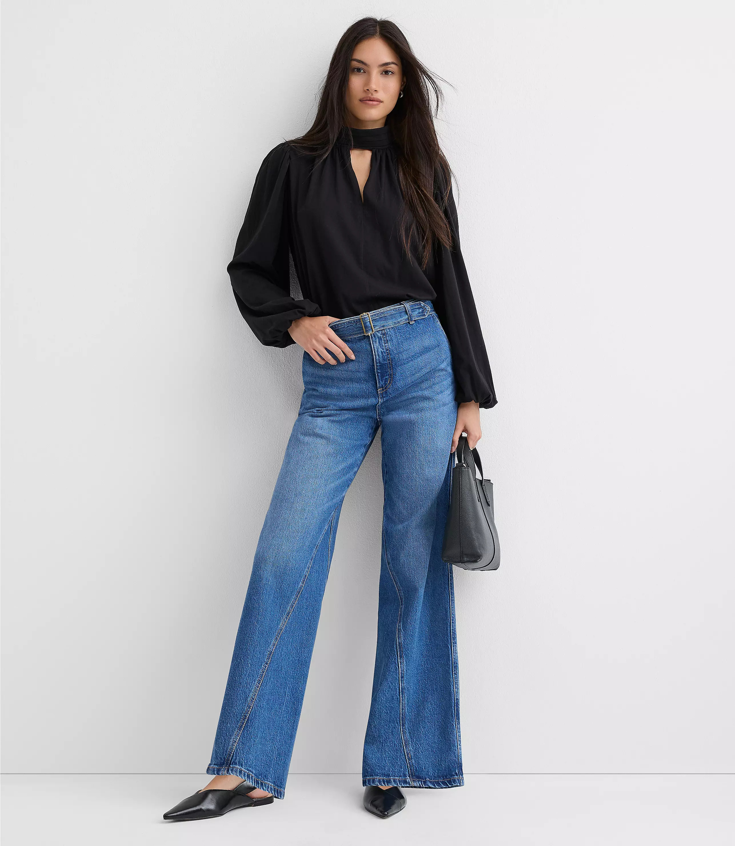 Petite Belted Slim Wide Leg Jeans in Bright Medium Stone Wash | LOFT