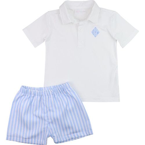 Blue And White Striped Polo Short Set | Cecil and Lou