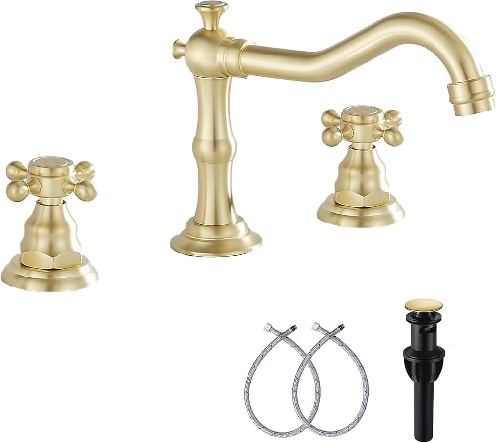 Brushed Gold Bathroom Faucet GGStudy 2 Handles 3 Holes Widespread Bathroom Sink Facuet Farmhouse ... | Amazon (US)