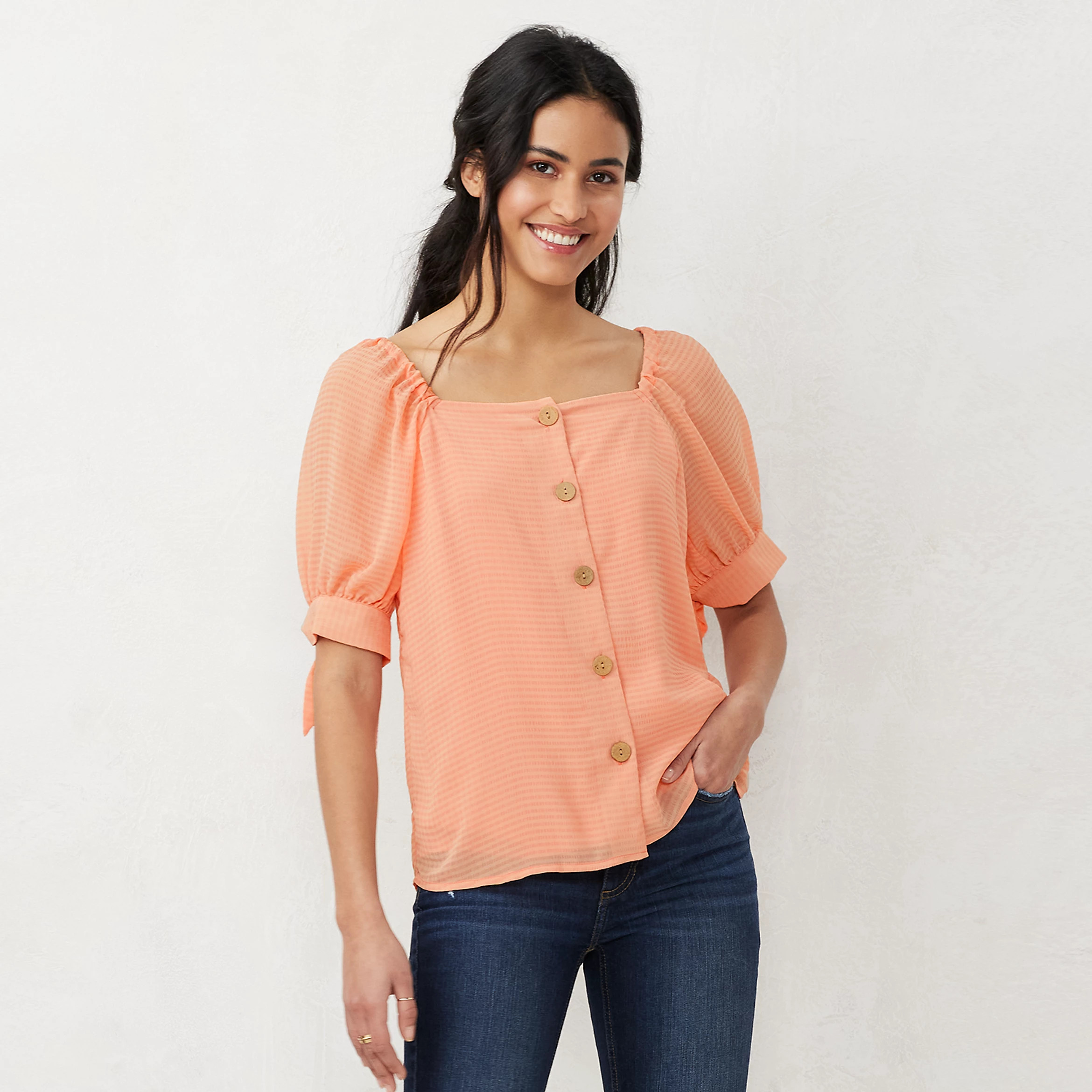 Women's LC Lauren Conrad Button-Front Puff-Sleeve Top | Kohl's