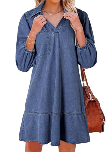 Dokotoo Denim Dress Women Babydoll Mini Jean Dresses, Real Teal, Large | Amazon (US)