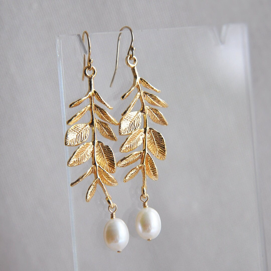 Pearl Earrings, Leaf Earrings, Boho Bridal Earrings, Long Drop Earrings, Statement Earrings, Wood... | Etsy (US)