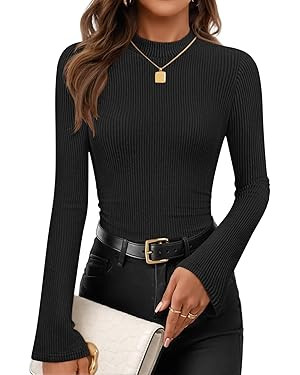 ZESICA Women's Long Sleeve Shirts 2026 Spring Mock Neck Ribbed Slim Fit Tops Basic Tees Dressy Ca... | Amazon (US)