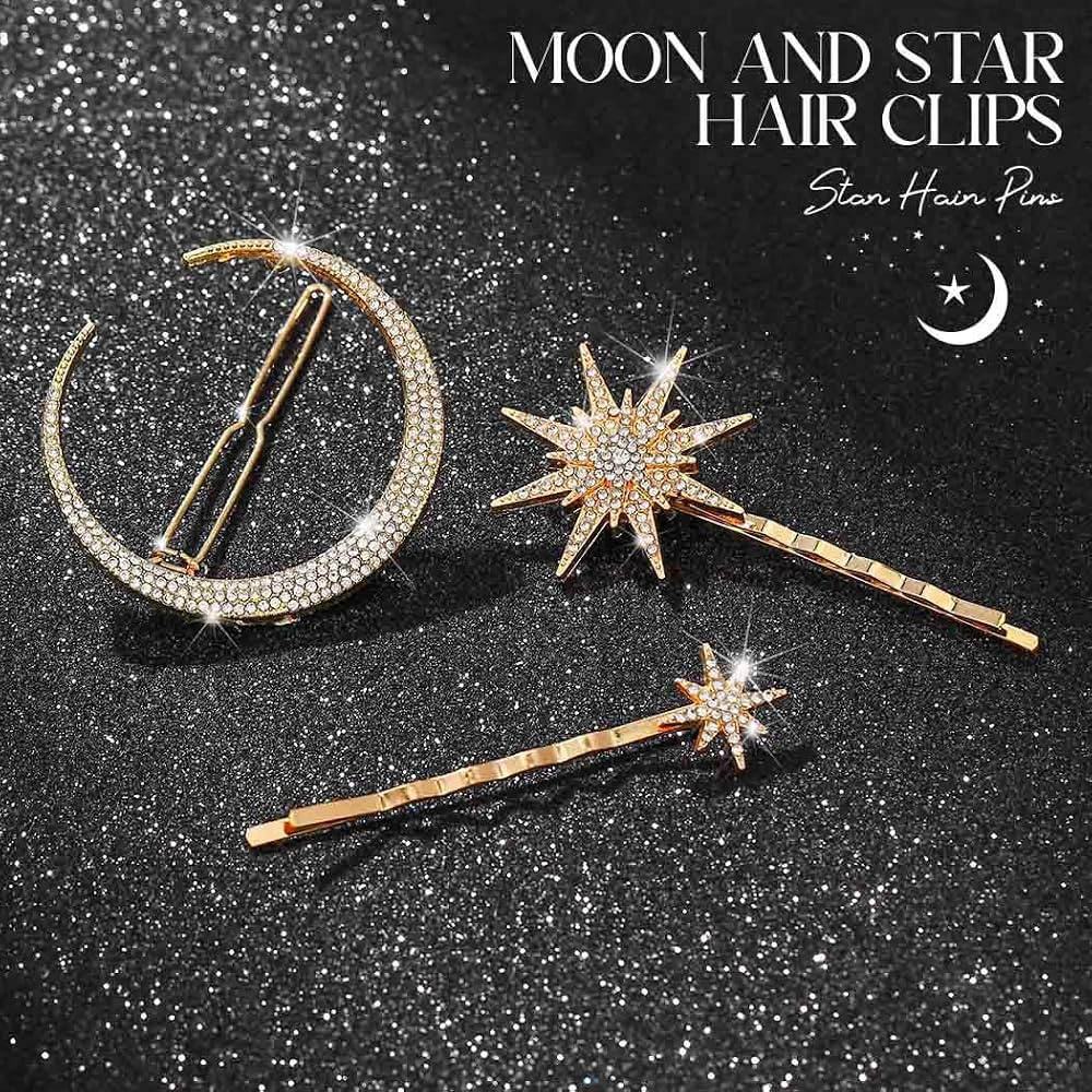 BARTOSI Moon Star Hair Clips Gold Stars Hair pins Crystal Celestial Hair Accessories for Women an... | Amazon (US)