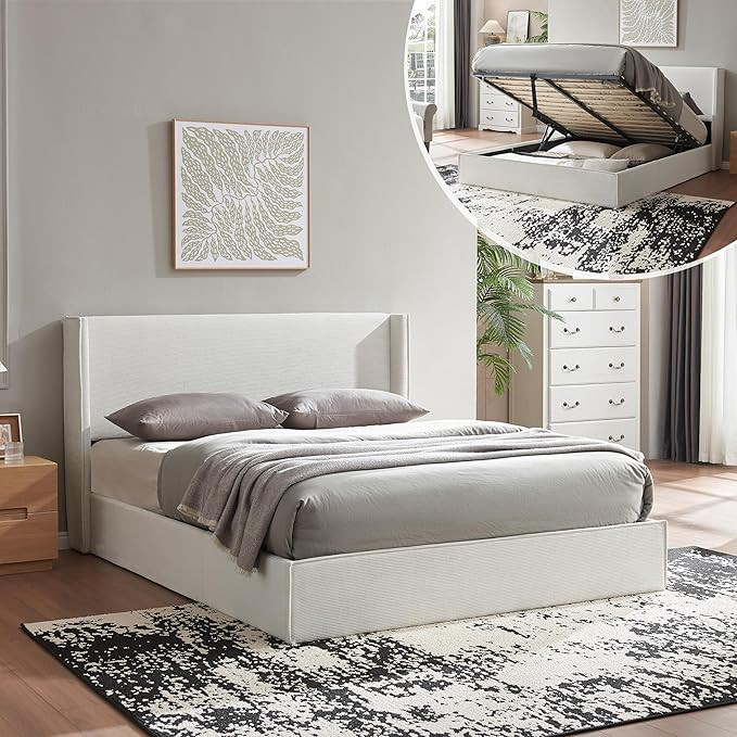 Queen Lift Up Storage Bed, Bed Frame with Storage, Modern Corduroy Upholstered Platform Bed with ... | Amazon (US)