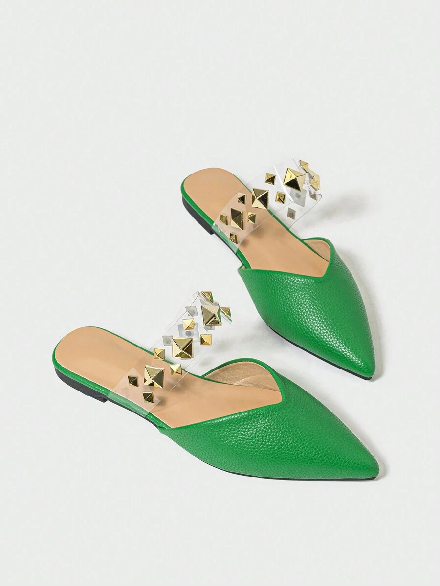 2024 New Fashion Influencer Style Pointed Toe Rivet Flat Slip-On Mule Sandals For Women, Summer T... | SHEIN