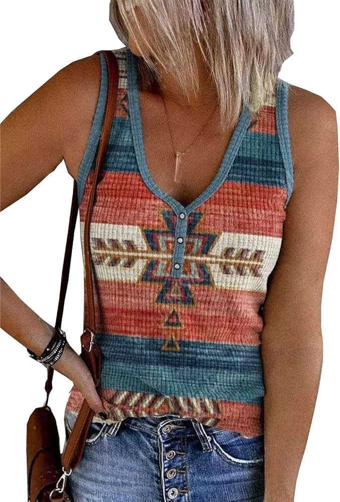 Western Aztec Print V Neck Women Henley Tank Tops Summer Ribbed Sleeveless Shirts Casual Loose Bu... | Amazon (US)