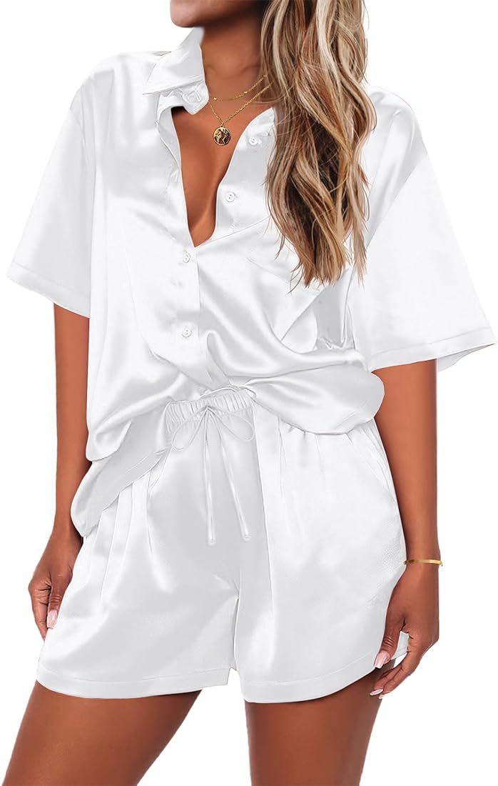Ekouaer Pajamas for Women Silk Soft Sleepwear Short Sleeve Button Down Pjs Satin Top and Shorts 2... | Amazon (US)