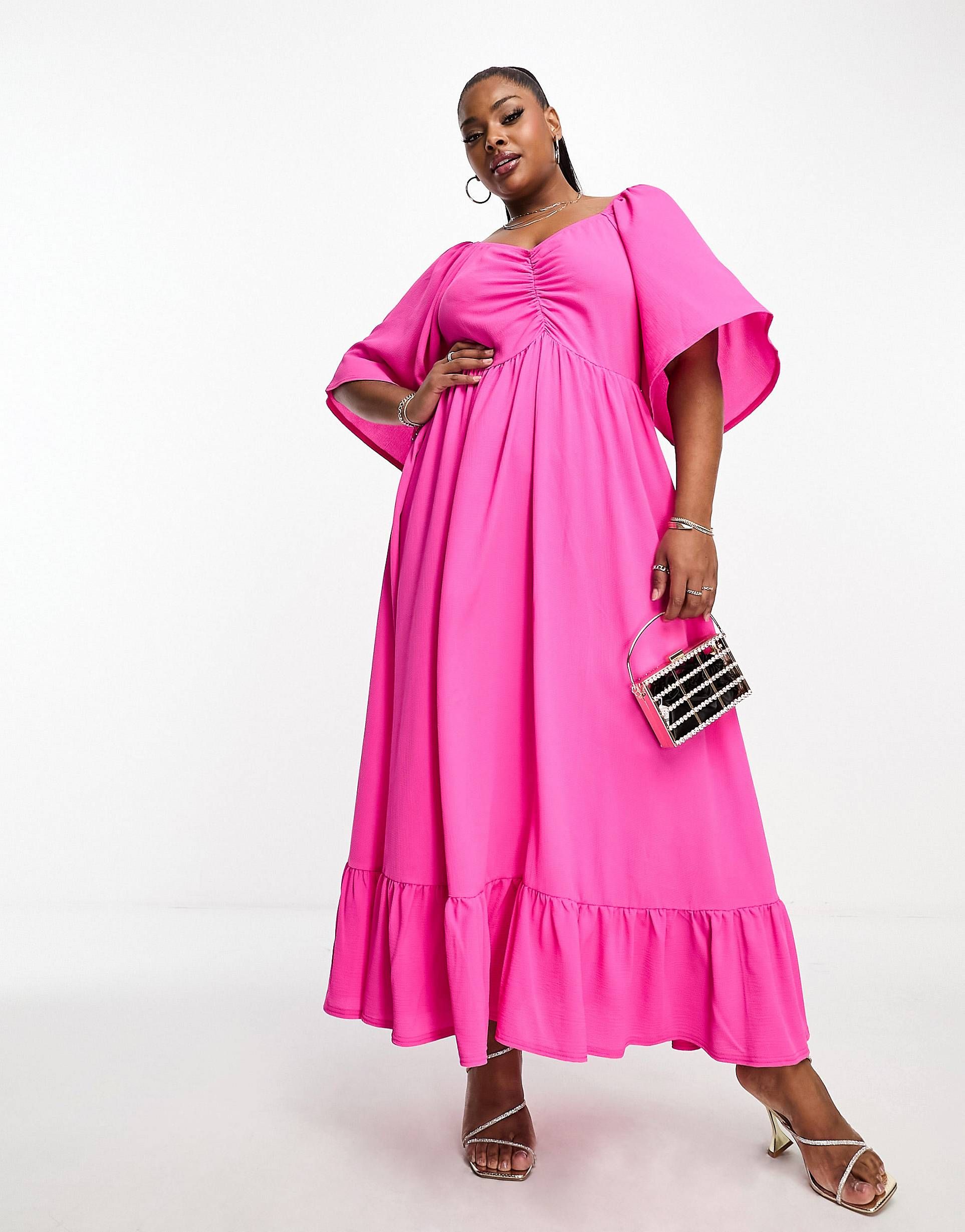 Yours fluted sleeve maxi dress in pink | ASOS (Global)