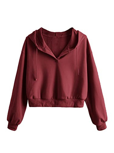 Verdusa Women's Long Sleeve Drop Shoulder Drawstring Crop Hoodie Sweatshirt Wine Red M | Amazon (US)