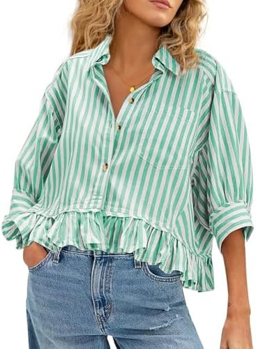 CHYRII Womens Summer Tops Dressy Casual Blouse Top Ruffled Short Sleeve Button Down Striped Shirt | Amazon (US)