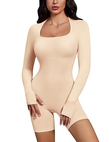 Micoson Womens Square Neck Yoga Romper Long Sleeve Shorts Jumpsuits Padded Bra Tummy Control Bodysuit with Thumb Holes Beige S | Amazon (US)