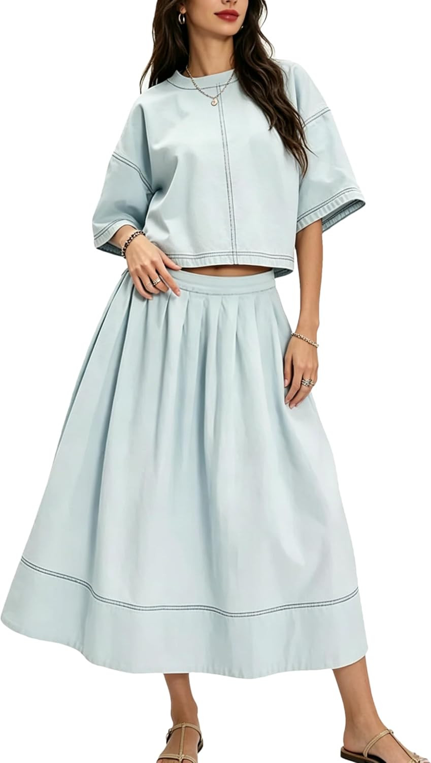 Skirt Sets Women 2 Piece Outfits Mid Skirt and Top Set for Women | Amazon (US)