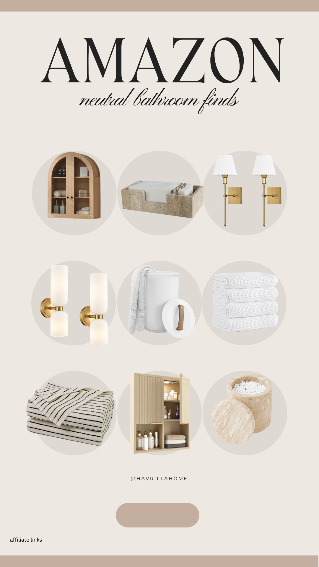 Neutral bathroom decor, amazon bathroom storage, arched wall cabinet, travertine bathroom tray, brass wall sconces, modern bathroom lighting, waffle bath towels, striped bath towels, wood bathroom cabinet, minimalist bathroom accessories, bathroom organization ideas, spa inspired bathroom decor, affordable bathroom finds amazon 

 

#LTKHome