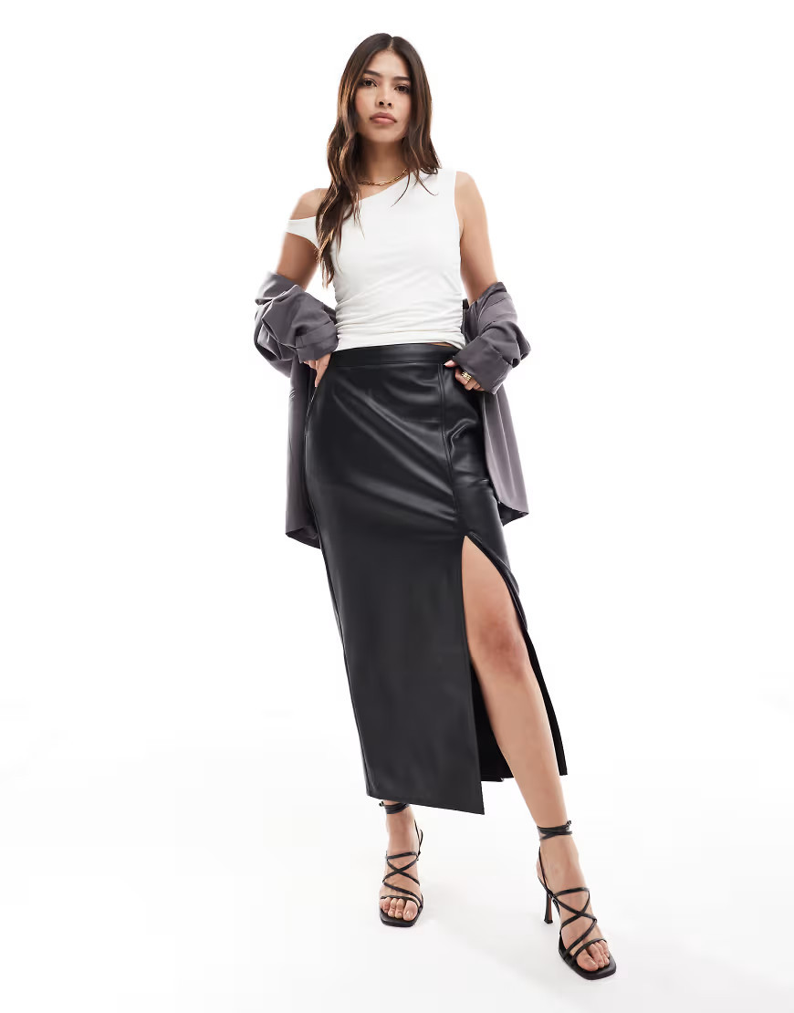 ASOS DESIGN leather look maxi skirt with side split in black | ASOS (Global)