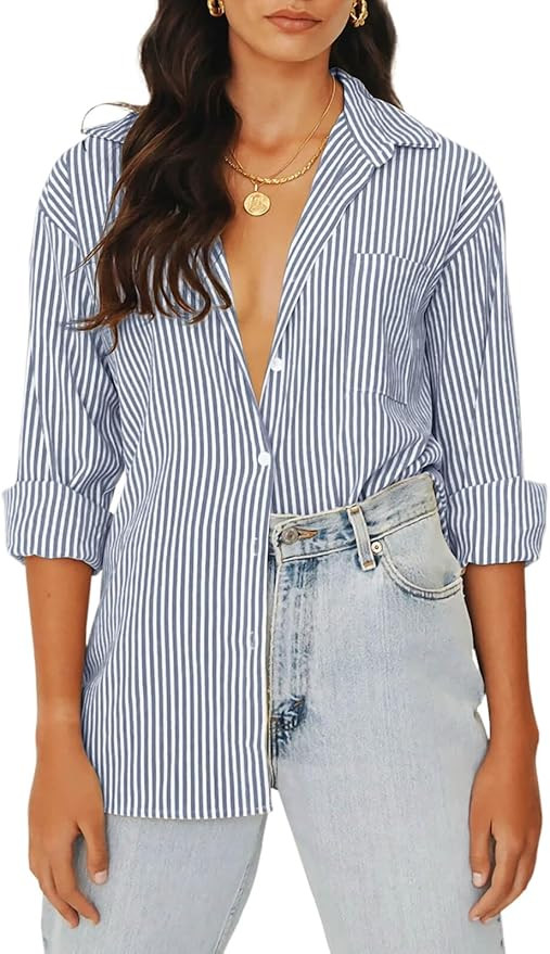 Women's Blouses Striped Long Sleeve Shirts Button Down Loose Fit Casual Tops | Amazon (US)