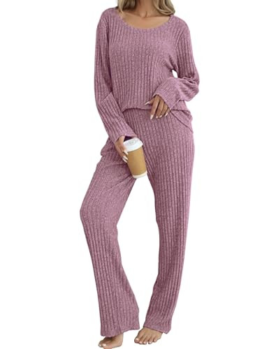Women's Ribbed Knit Lounge Pajama Set Long Sleeve 2 Piece Loungewear Outfits Cozy Pj Sleepwear Set with Pockets Pink | Amazon (US)