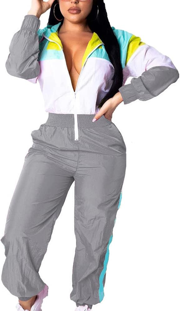 VOIKERDR Women Colorblock One Piece Outfits Set High Waist Pants Long Sleeve Zipper Front Windbre... | Amazon (US)