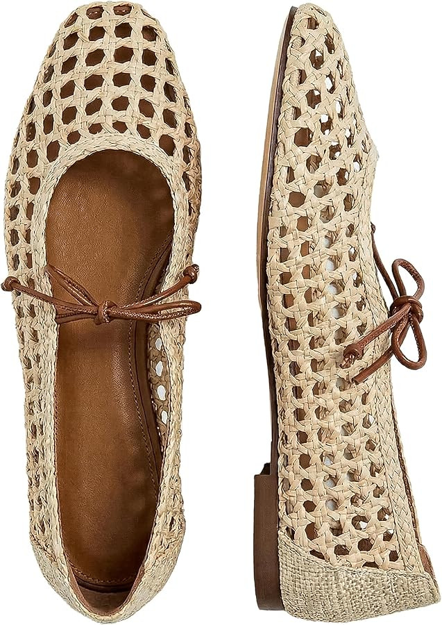 Women Woven Mesh Ballet Flats Raffia Lace up Ballerina Mary Jane Flats Fashion Casual Slip on Sho... | Amazon (US)
