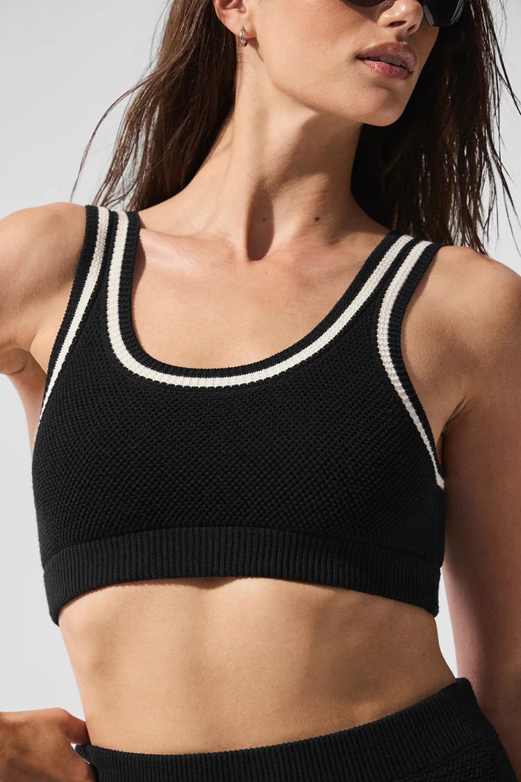 Tennis Club Sweater Knit Bra - Black/Ivory | Alo Yoga (US)
