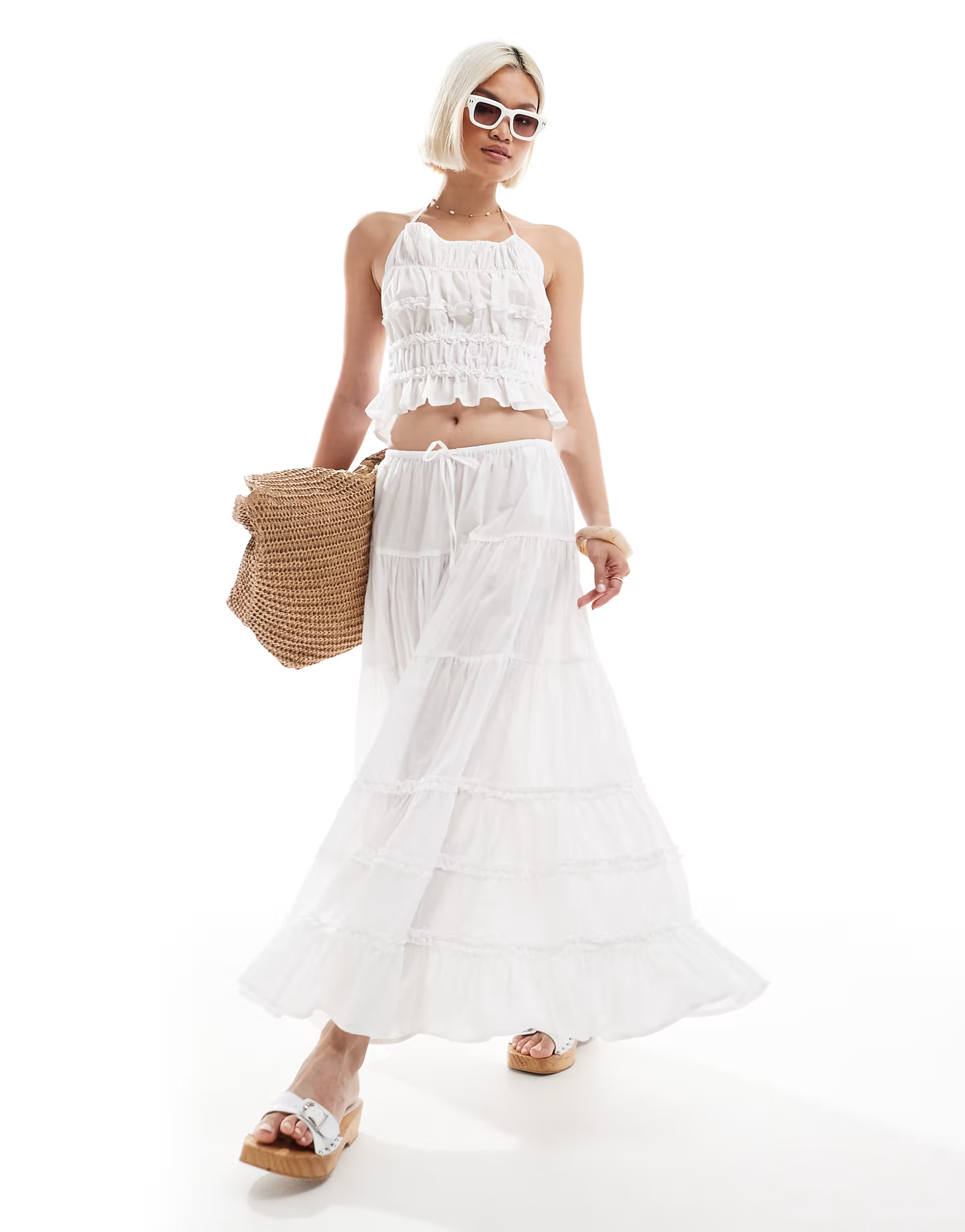 Stradivarius STR ruched maxi skirt co-ord in ecru | ASOS (Global)
