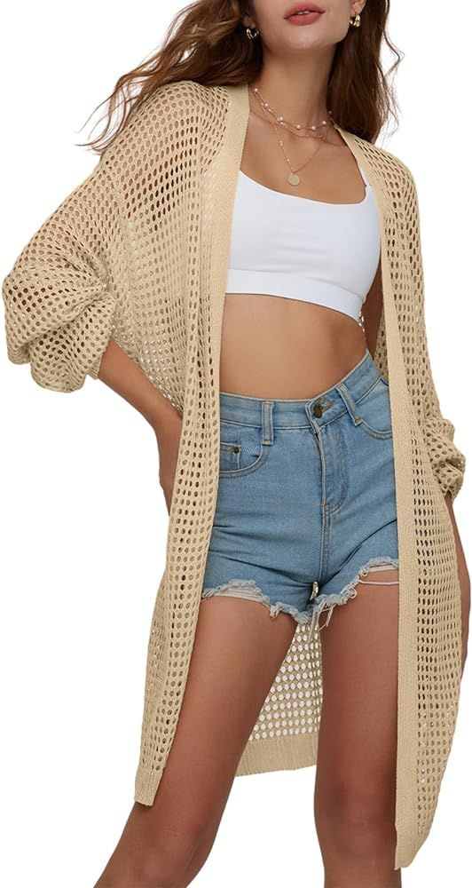 DEEP SELF Women's Summer Crochet Cardigans Lightweight Long Sleeve Solid Color Knitted Open Front... | Amazon (US)