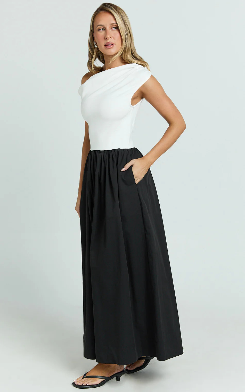 Jhamie Midi Dress - One Shoulder Contrast Skirt Dress in White/Black | Showpo (US, UK & Europe)