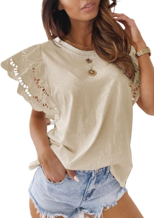 Dokotoo Womens Casual Crewneck Bell Sleeve T Shirts Solid Crochet Flowy Blouses Tops Lightweight ... | Amazon (US)